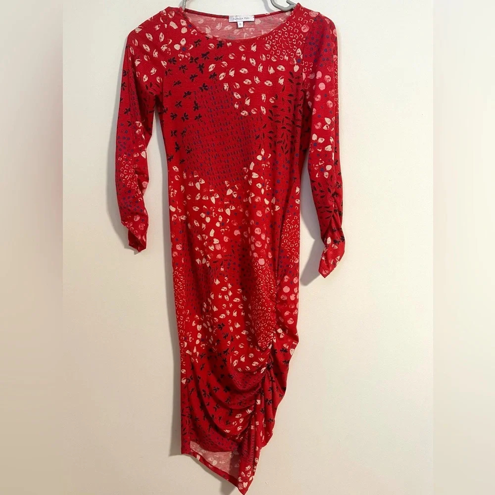 Patrizia Pepe Abito Dress In Red Flowers Print Ruffle Ruched Italy Spring